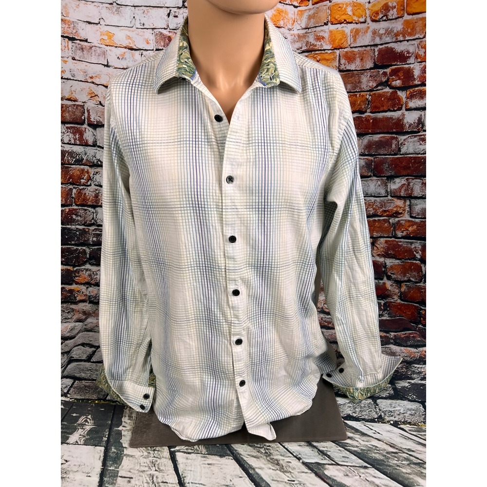 J. Garcia‎ Mens Medium Cotton Button Down Shirt Blue Yellow Plaid Floral Trim